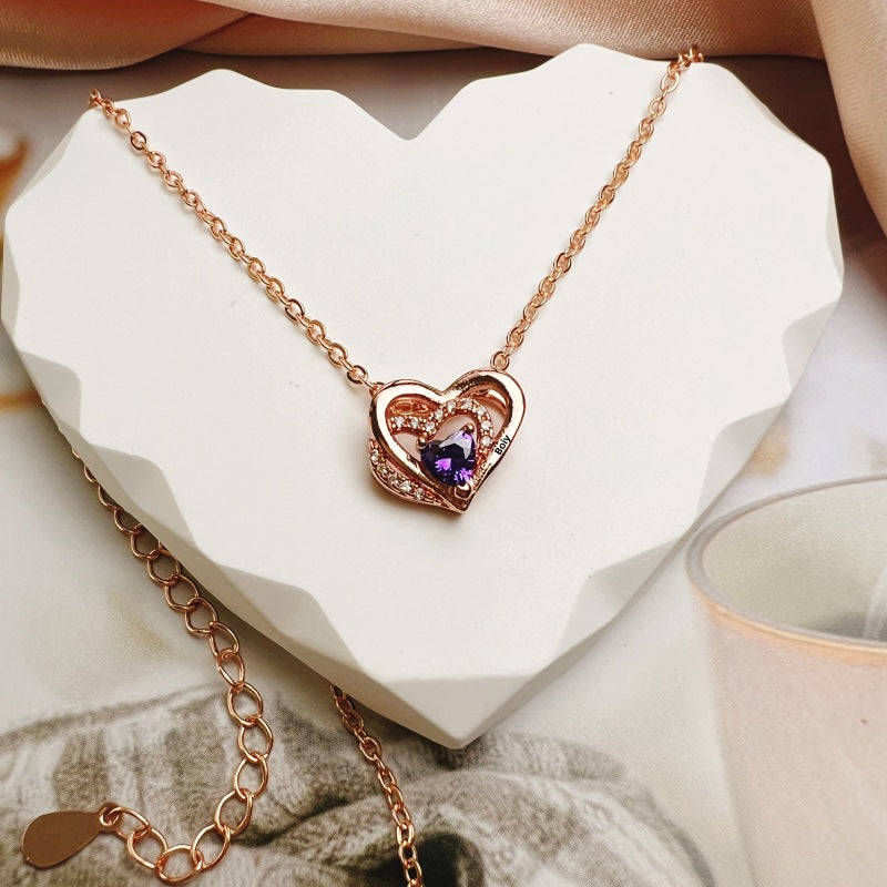 New Heart-shaped Diamond Inlaid Birthstone Pendant Necklace