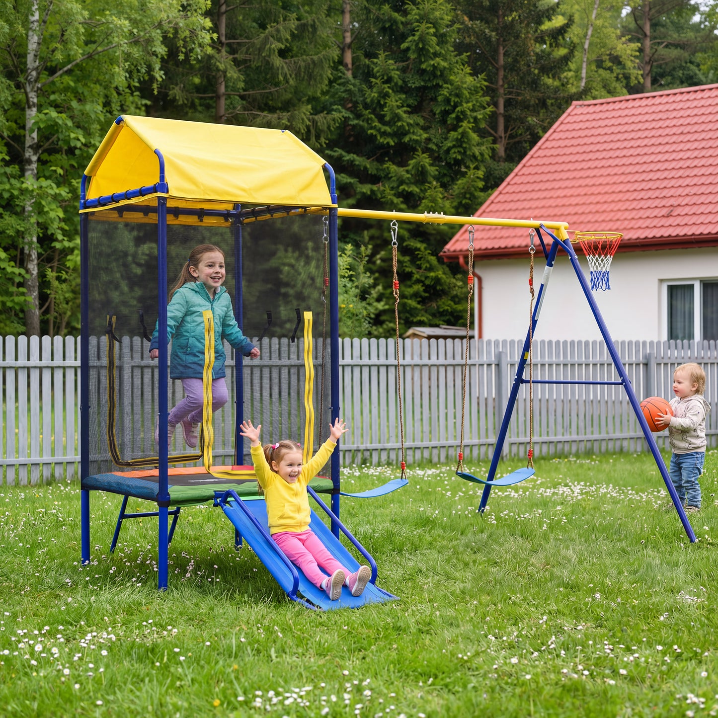 Multifunctional Outdoor Swing Set, Outdoor Children's Climbing Frame With Trampoline, Swing & Slide  Multifunctional Playground Equipment For Garden, With Safety Net, Basketball Hoop & Sturdy Iron Fr