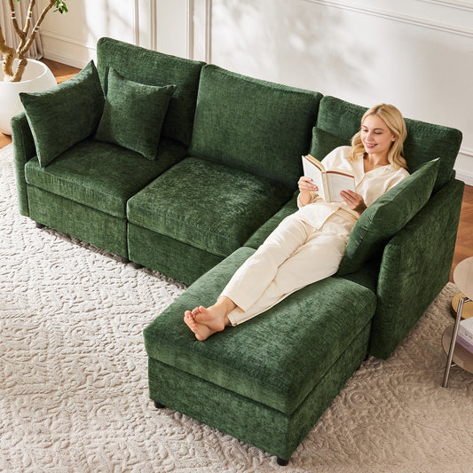 L-shaped Corner Sofa, Convertible To 3-seater, Modular Design, With Movable Footstool And 4 Chenille Cushions, Ideal For Living Room, Apartment And Office, Green, With Video