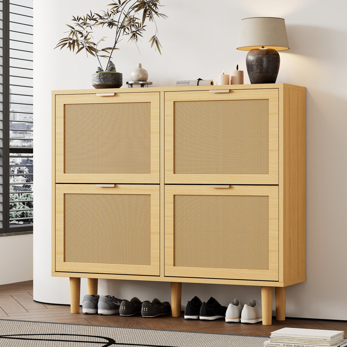 Rattan Shoe Storage Cabinet With Adjustable Shelves, 4 Flip Drawers, Elegant Wooden Design, Perfect For Organizing Shoes In The Hallway, Entryway, 10 0 X 25 X 90 Cm, Light Oak