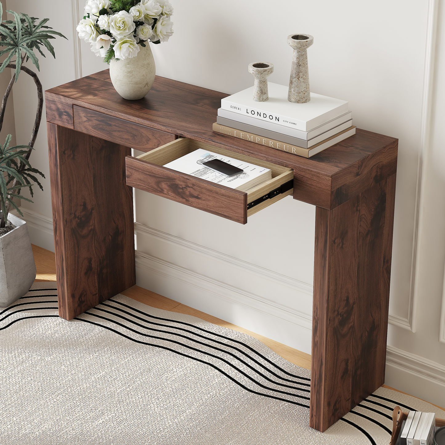 Elegant Natural Walnut Wood Grain Bar Table -50 Inches Long, A Practical Choice For Modern Home Decor. Walnut Wood Grain Texture Veneer, Equipped With Double Drawers, Can Be Used As Both A Bar Counter