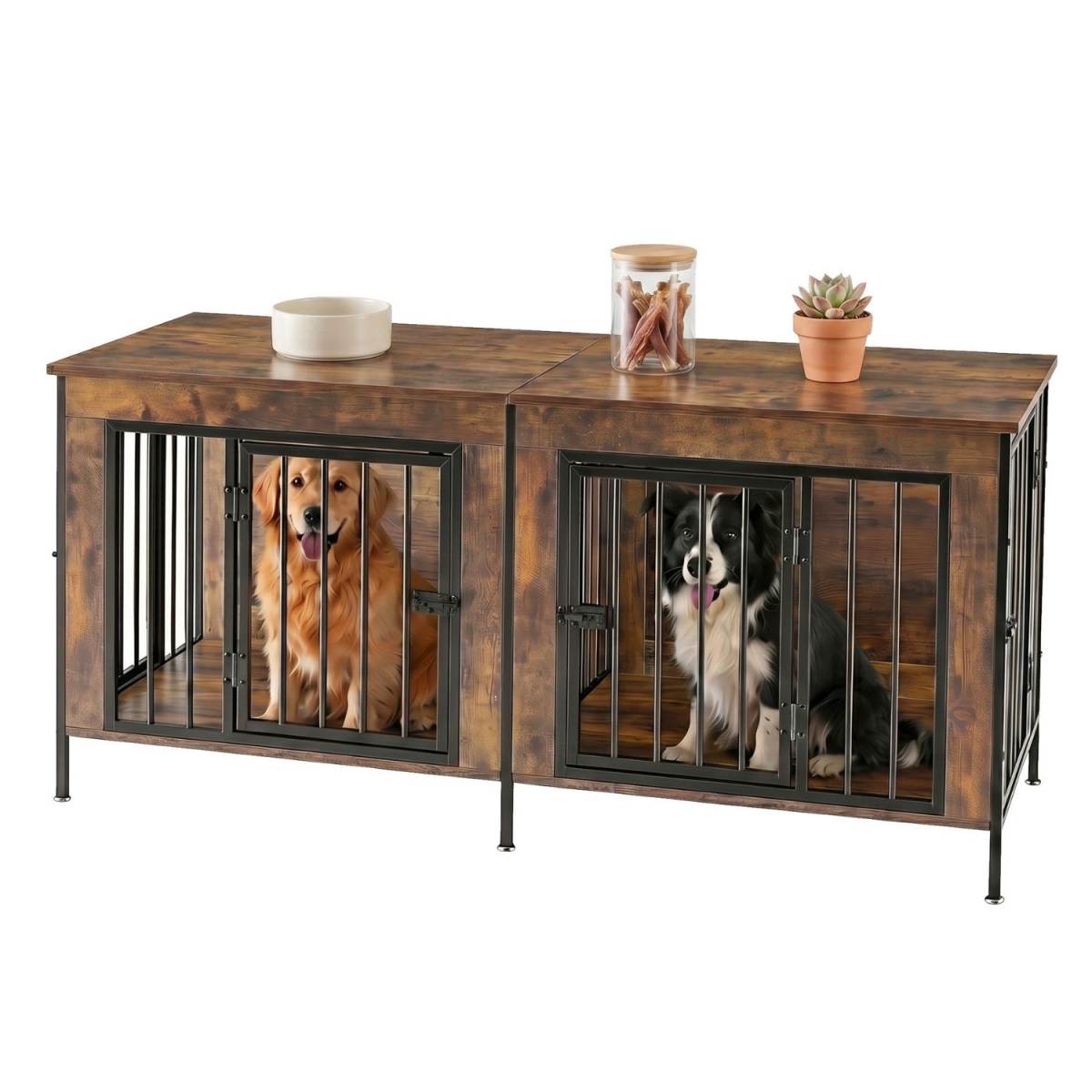 Double Dog Crate Furniture With Divider, Heavy Duty Pet Kennel End Table TV Stand, Extra Large Double Door
