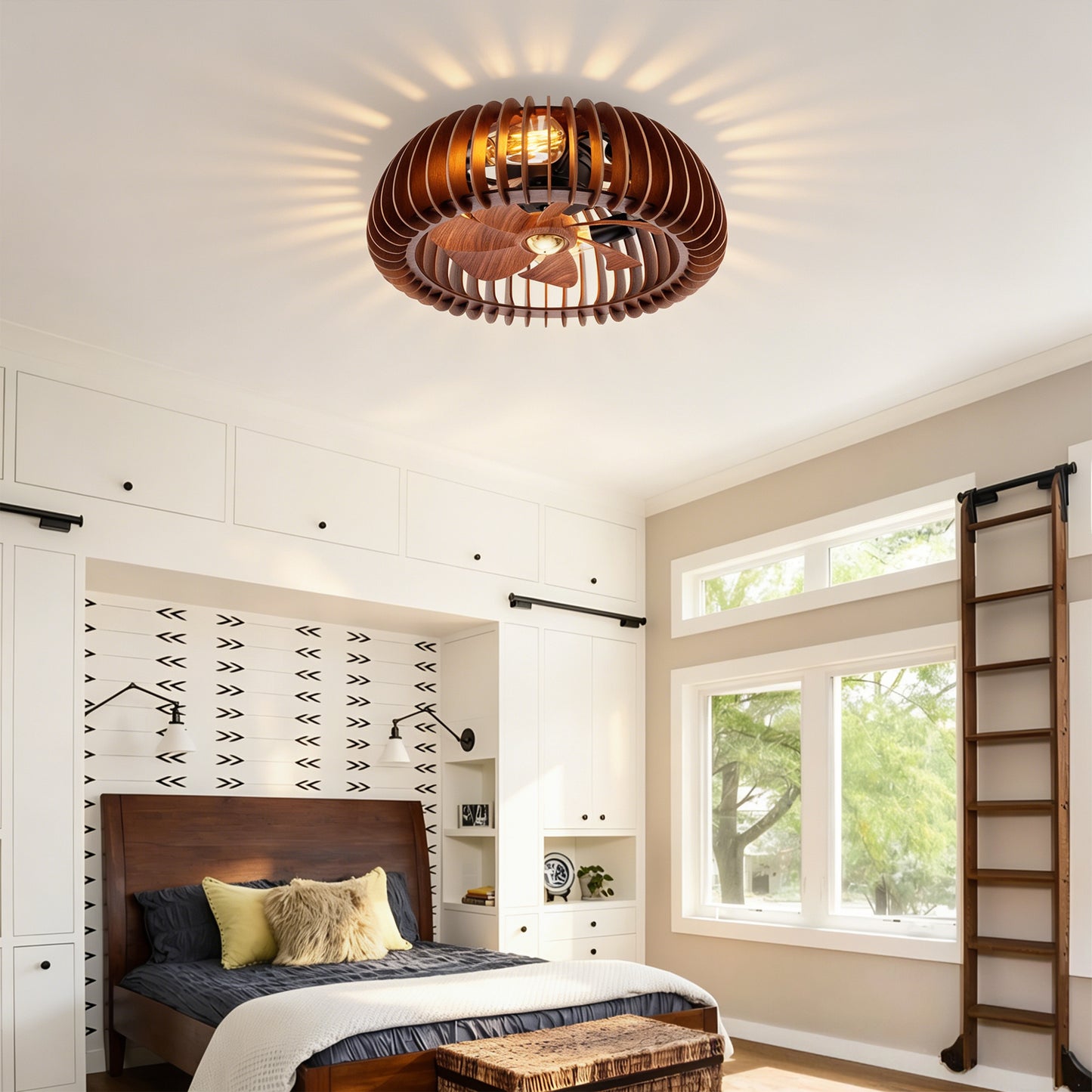 20  Semicircle Modern Flush Mount Fan Light,Ceiling Fans With Lights NO INCLUDED BULBS  And Remote Control, 6 Speeds, Quiet DC Motor For Living Room, Bedroom,Kitchen----Wood