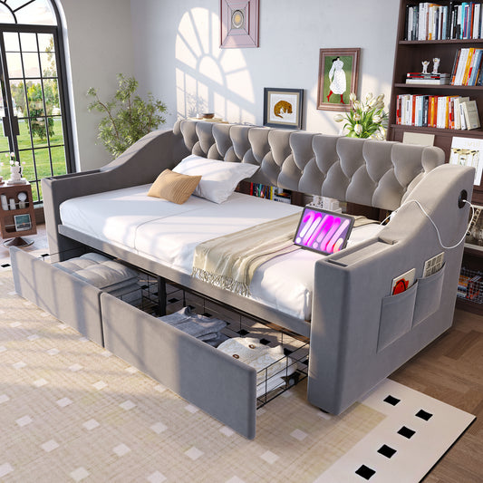 Upholstered Bed Sofa Bed 90x190 Cm, Wider And Thicker Armrests With USB Charging Port, Integrated Shelf In The Armrests, With Storage Pockets, With Storage Drawer, Velvet Fabric, Light Grey