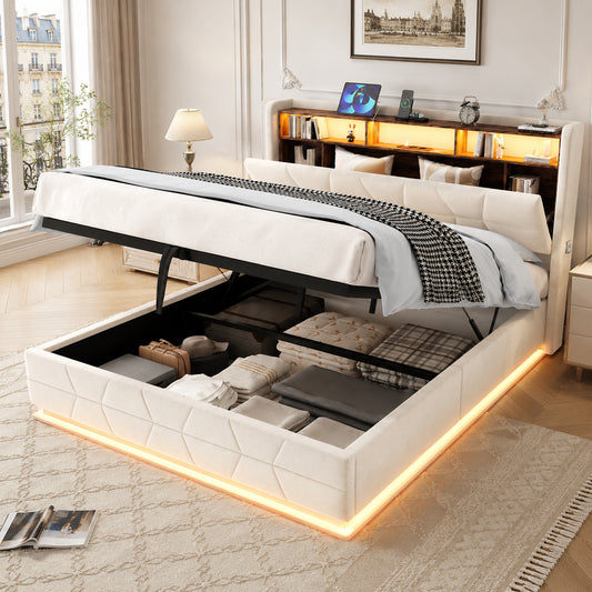 Multifunctional Bed With LED Lighting, Open Shelves, Side Pockets And USB Type-C Charging Station  Storage Headboard Plus Slatted Frame  300 Kg For Maximum Comfort.140X200cm Beige