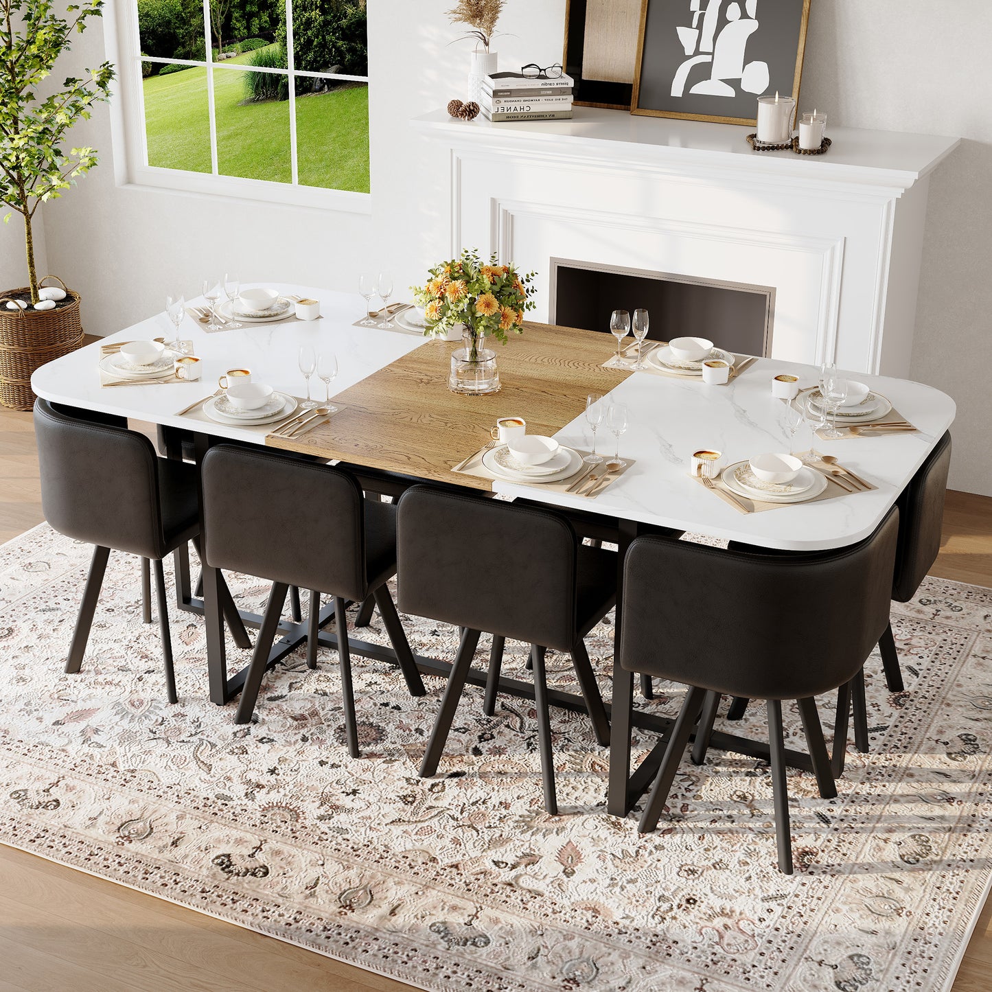 9-Piece Square Dining Table Set, Fixed White Faux Marble & Wood Grain Triamine Tabletop With 8 Black Faux Leather Chairs, Modern Kitchen Table Set For 8 People, Ideal For Family Gatherings