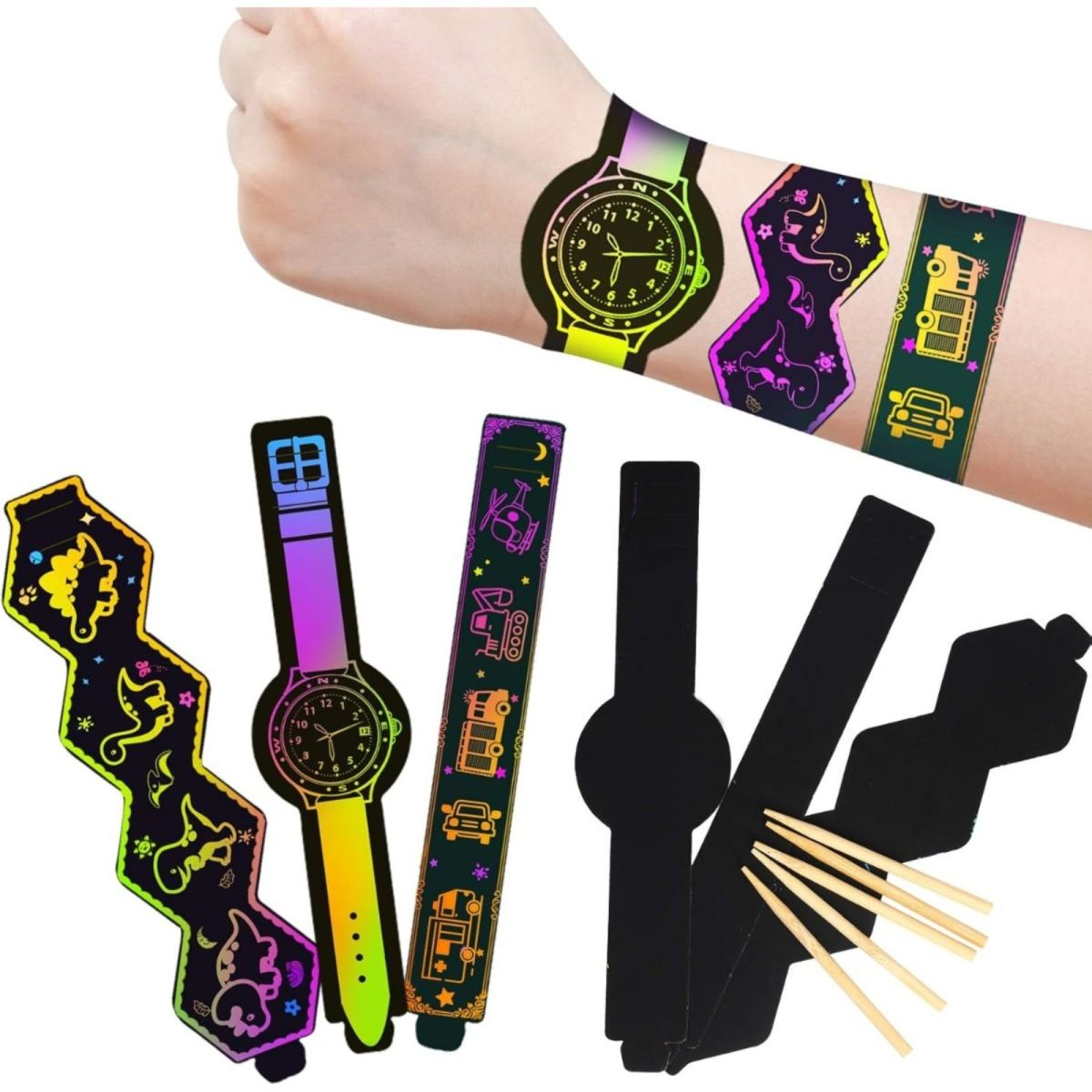 Art And Craft Supplies - 30-Piece Set Of Scratch Art Rainbow Bracelets, Sketch Paper, And 10 Wooden Pencils For Birthday Party Favors And DIY Craft Gifts
