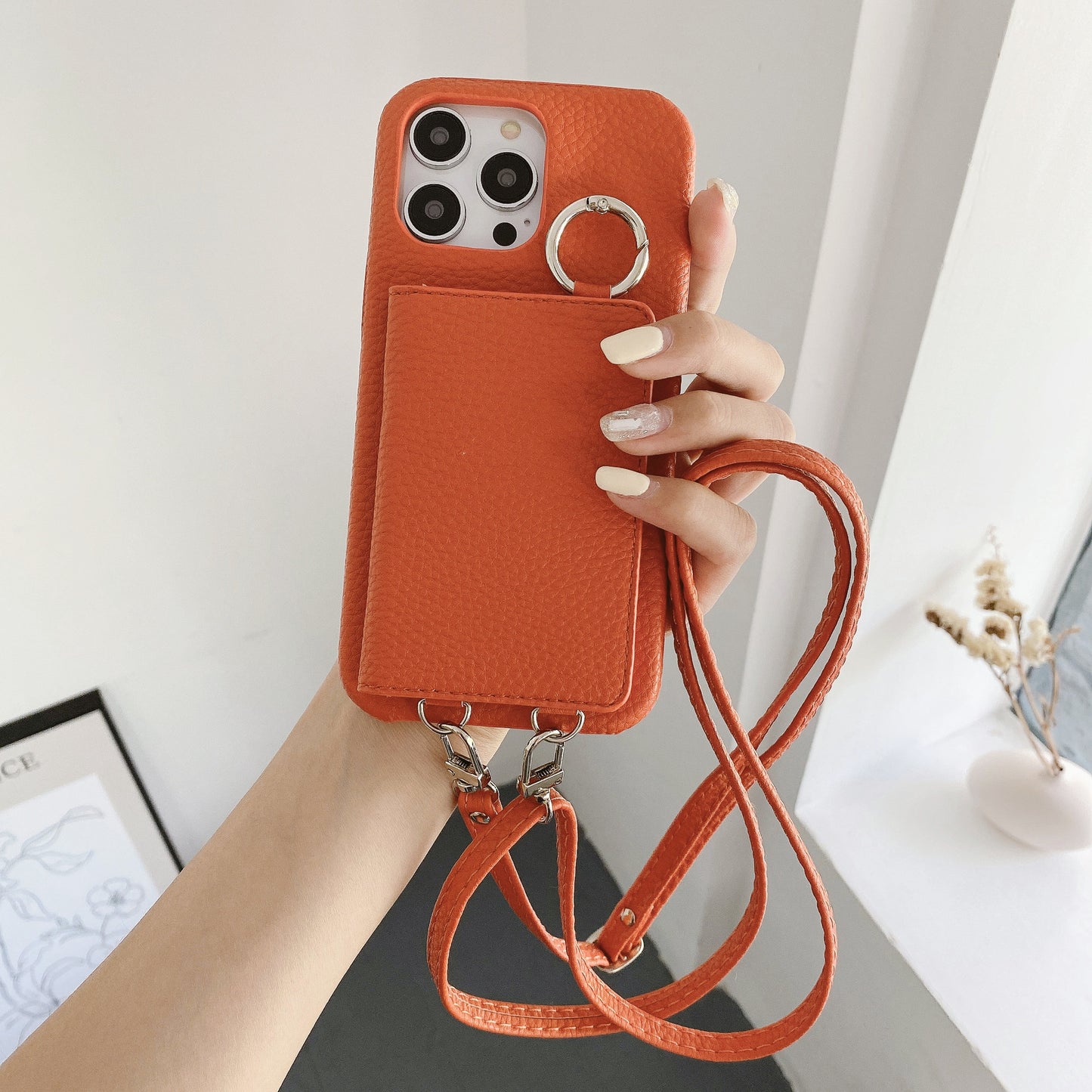 Lychee Pattern Left And Right Open Beauty Mirror Lanyard Phone Case