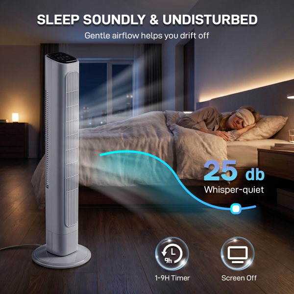 US Standard RTW-GR36 Tower Fan, 110V 45W, 36 Inch, Column Shape, White Plastic Body, Copper Motor, Touch & Remote Control, 3 Speeds, 3 Modes, Oscillating Function, 9-Hour Timer, For Home Use