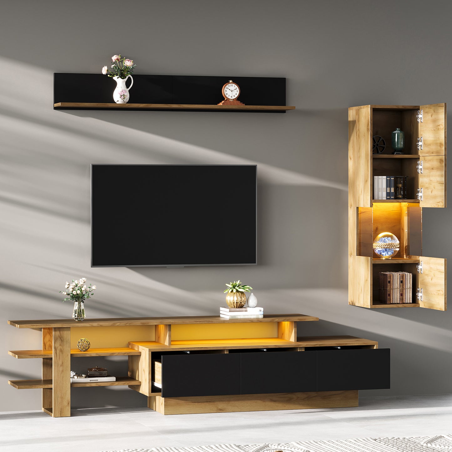 TV Wall Unit Set 3-Piece LED Lighting Living Room Furniture Set Frontal Wall Unit 1 X TV Cabinet, 1 X Living Room Display Cabinet, 1 X Hanging Shelf, TV Up To 80,Black  Natural Wood Color,TV Cabinet