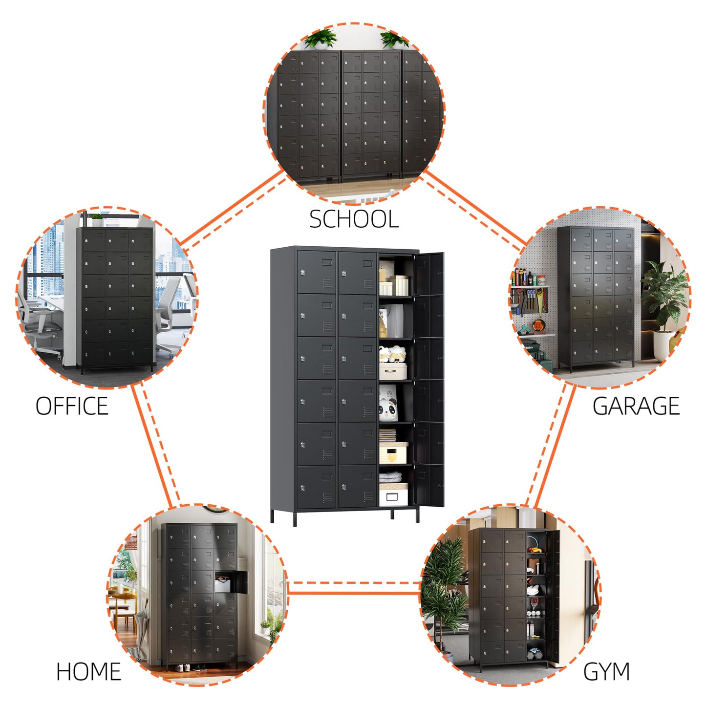 Lockers For Employees, 18 Doors Metal Storage Locker With Card Slot And Ventilation Holes For Office Home School Gym Garage, Black, Assembly Required