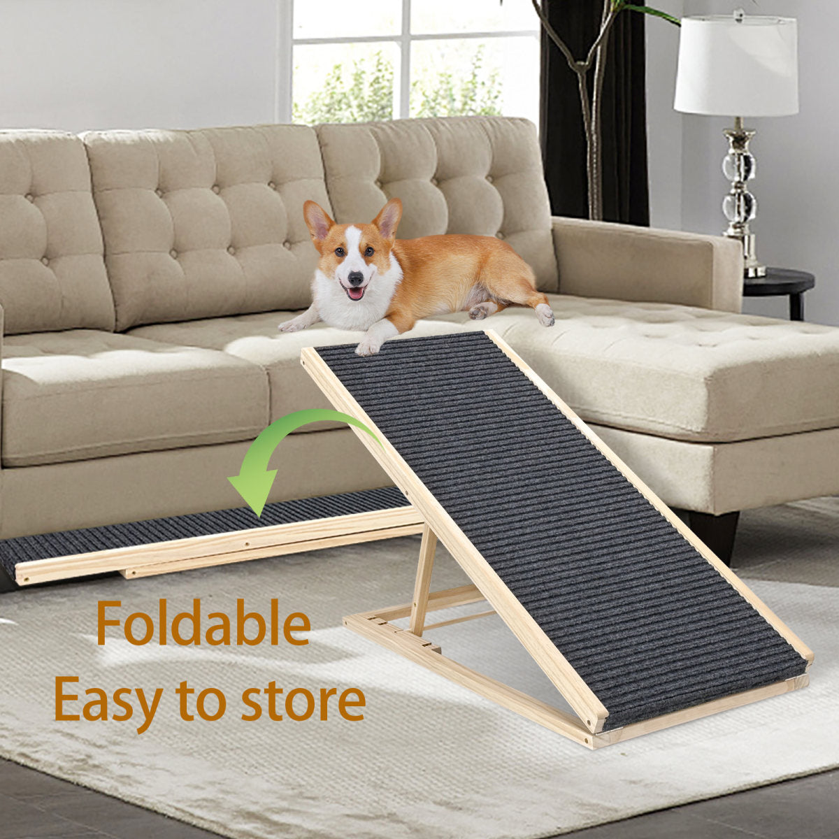 UPGRADED Dog Ramp For Bed, Extra Wide Excellent Traction, Pet Ramp For Small Dogs To Get On Couch Car, Non-Slip Rubber Surface, 16 Wide Hold Up To 80lb, Adjustable, Foldable, Car Ramps, Dog Ramp