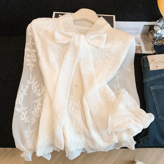 Womens Fashion Lace Jacquard Blouse With Tied Laces