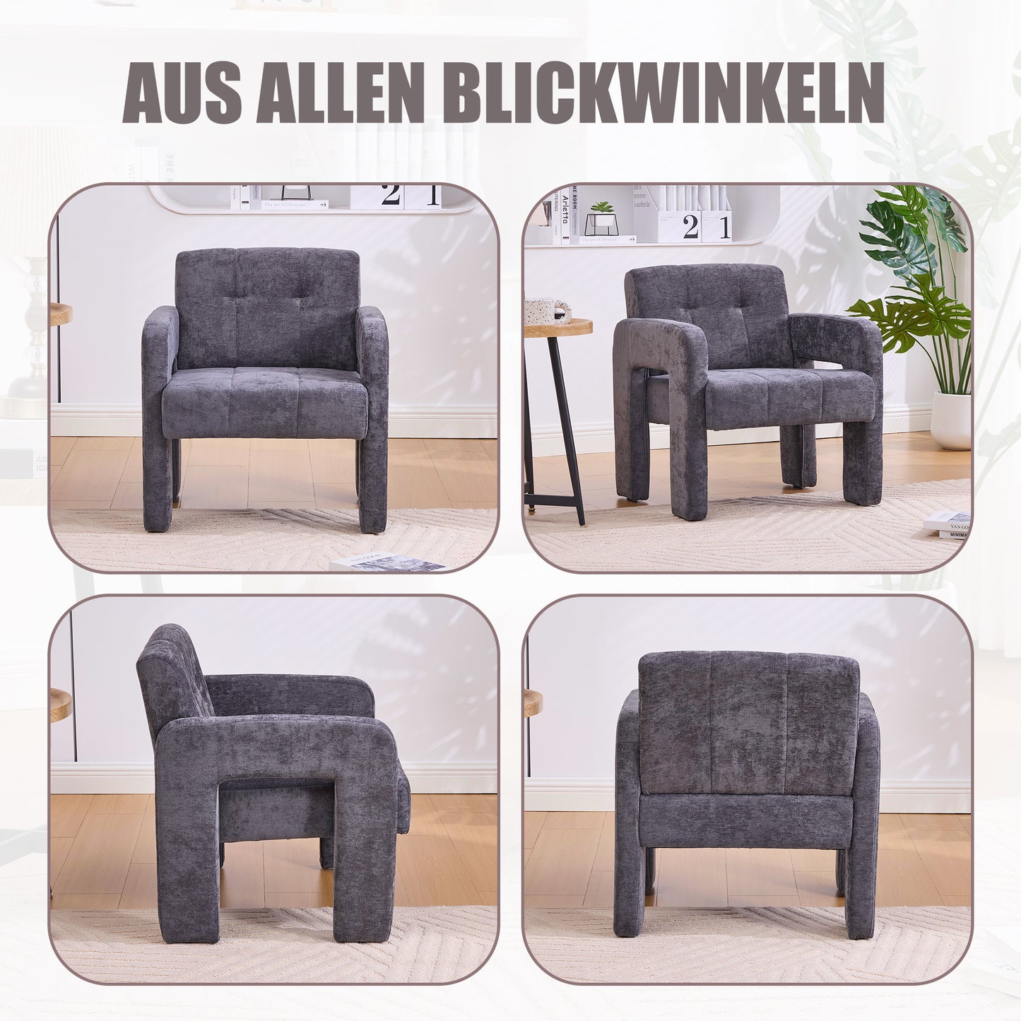Modern Minimalist Casual Single Armchair Living Room, Bedroom, Office Area Upholstered Chair Comfortable Padded Armchair Nordic Style Casual Seating Grauer Chenille