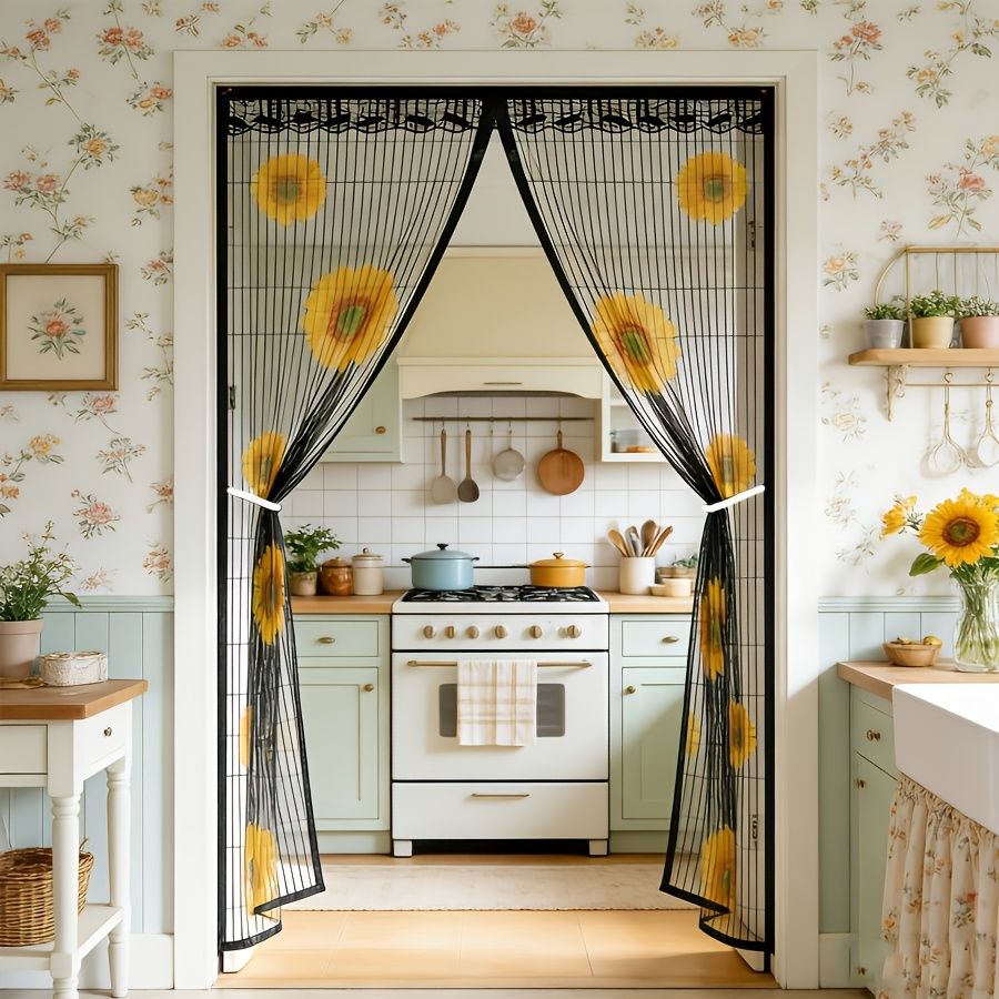 Magnetic Screen Door, Sunflower Print Mesh Curtain With Lace Edge, Hands-Free Self-Closing Insect Mosquito Net, Keep Bugs Out Pet Friendly, Fits Single Door For Home Patio Kitchen Doorway