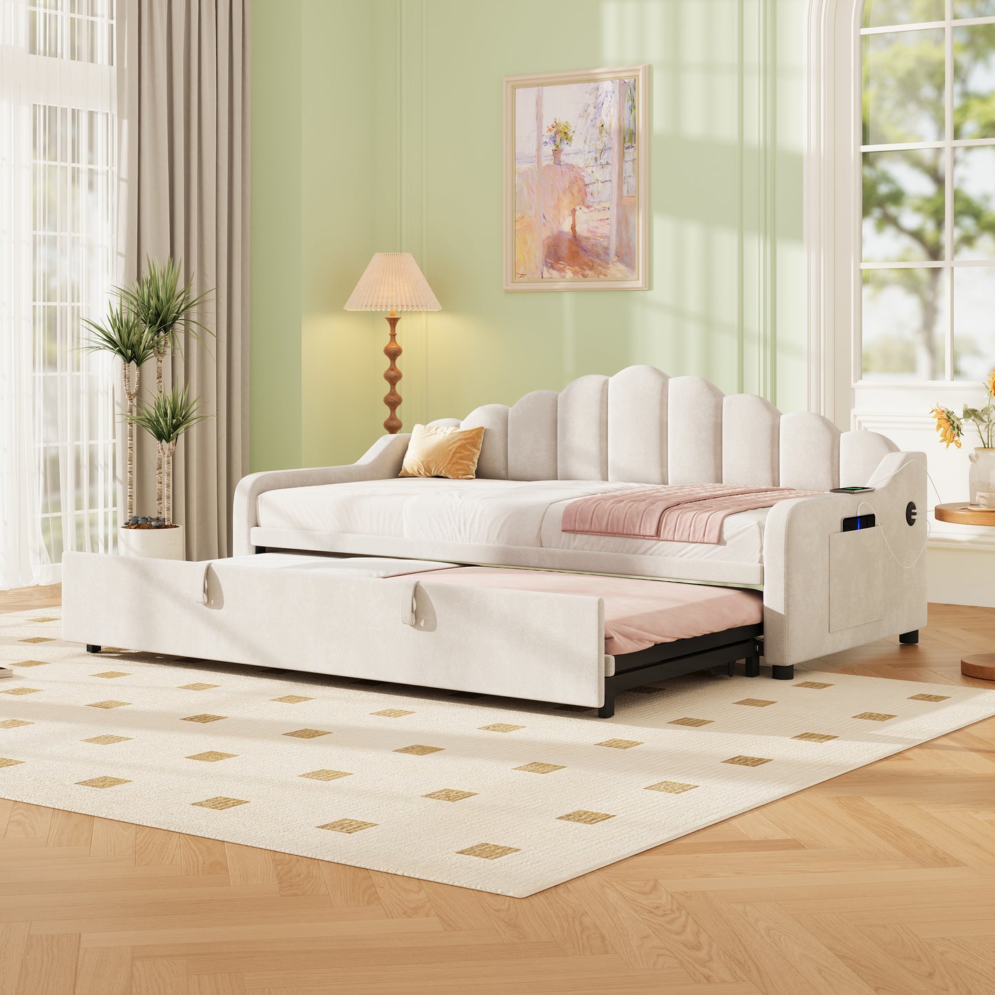 3ft Single Daybed With Pull-out Trundle, Velvet Upholstered Sofa Bed With Side Charging Station & Storage Pockets, Chic Fluted Scalloped Backrest, Beige No Mattress