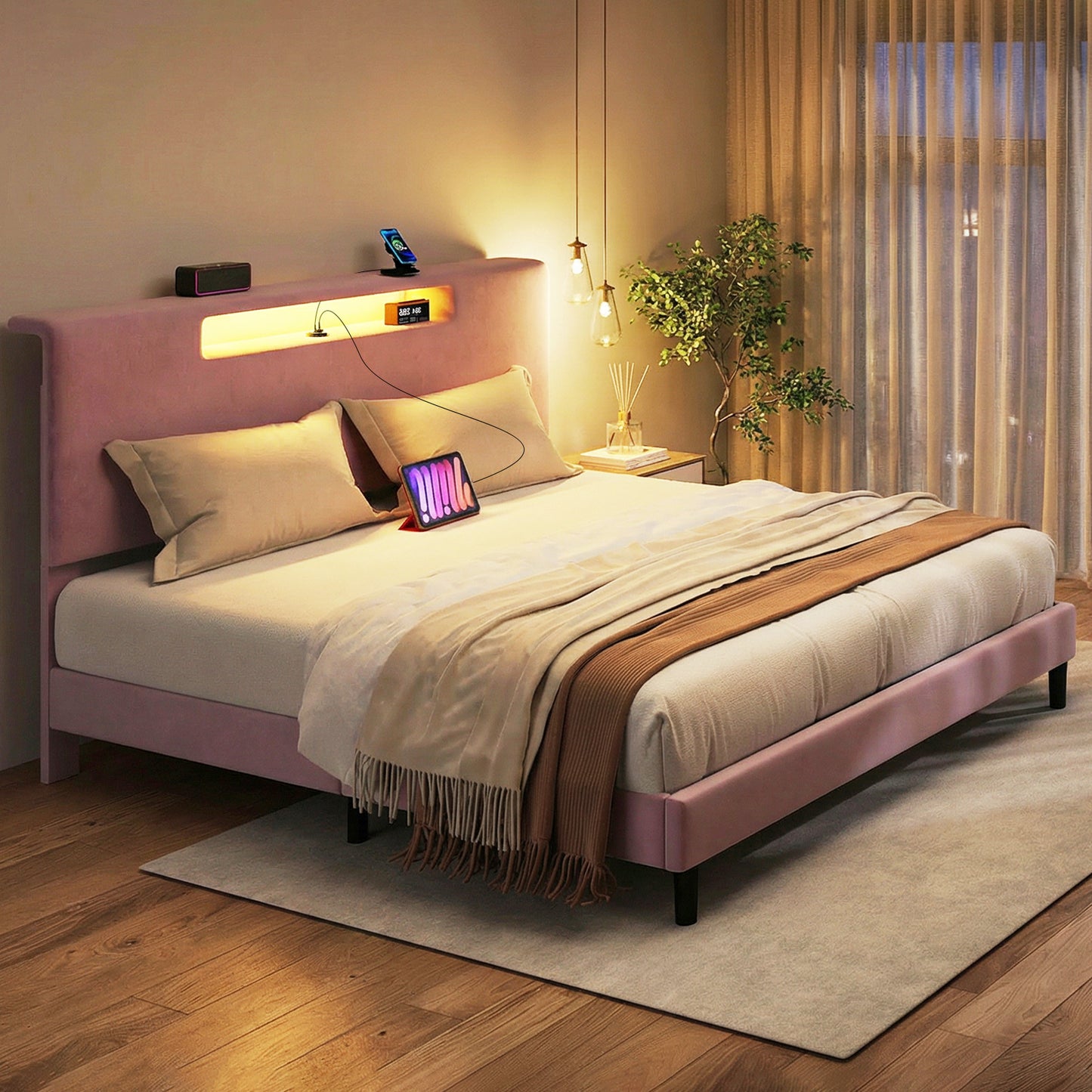 King Size Bed Frame With Charging Station And Adjustable LED Light Wood Slat Support Bed Frame With Upholstered Headboard No Box Spring Needed Easy Assembly