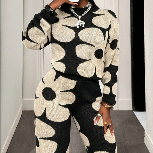 Autumn Winter European And American Fashion Multi-color Floral Knit Jacquard Sweater And Pants Knitted Set