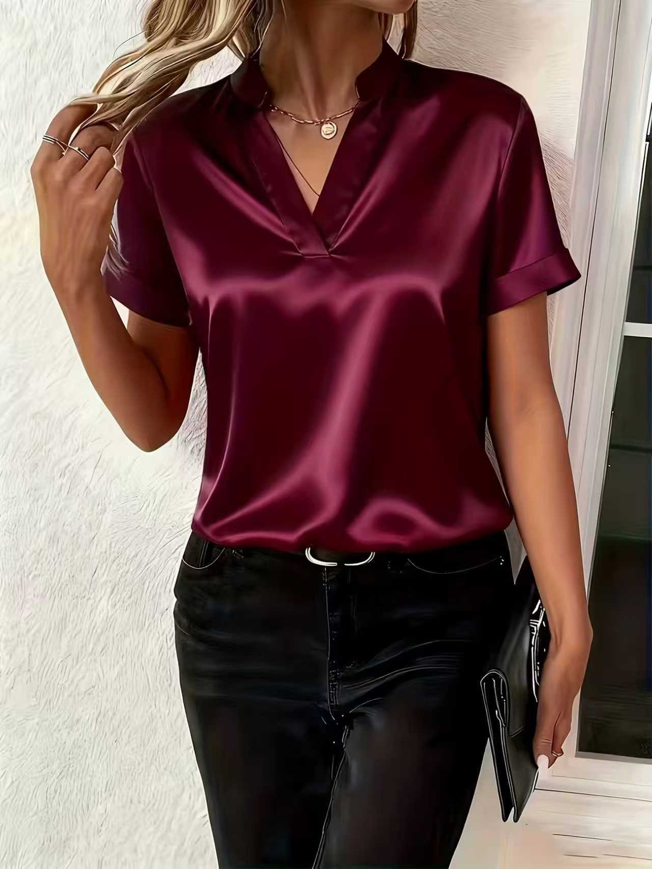 Women's Satin V-Neck Short Sleeve Blouse - Elegant Stand Collar Office Wear Top, Multiple Colors Available