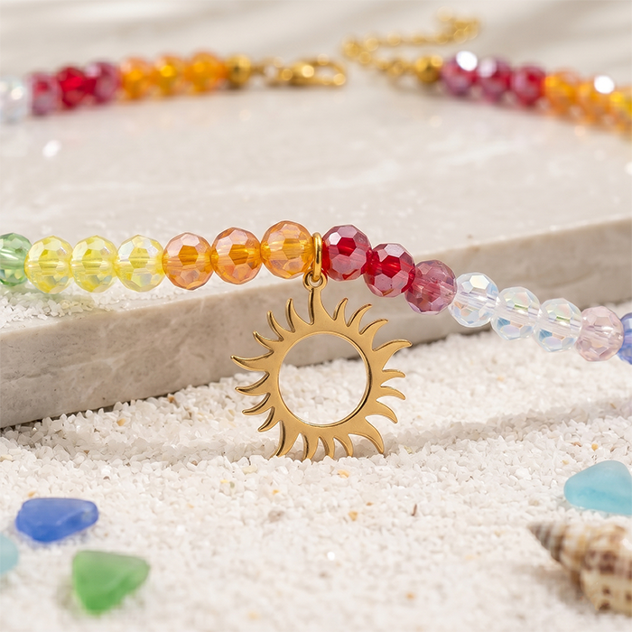 Rainbow Glass Bead Sun Necklace For Women, 18K Gold Plated Stainless Steel Celestial Sunburst Pendant Choker, Colorful Summer Jewelry Gift