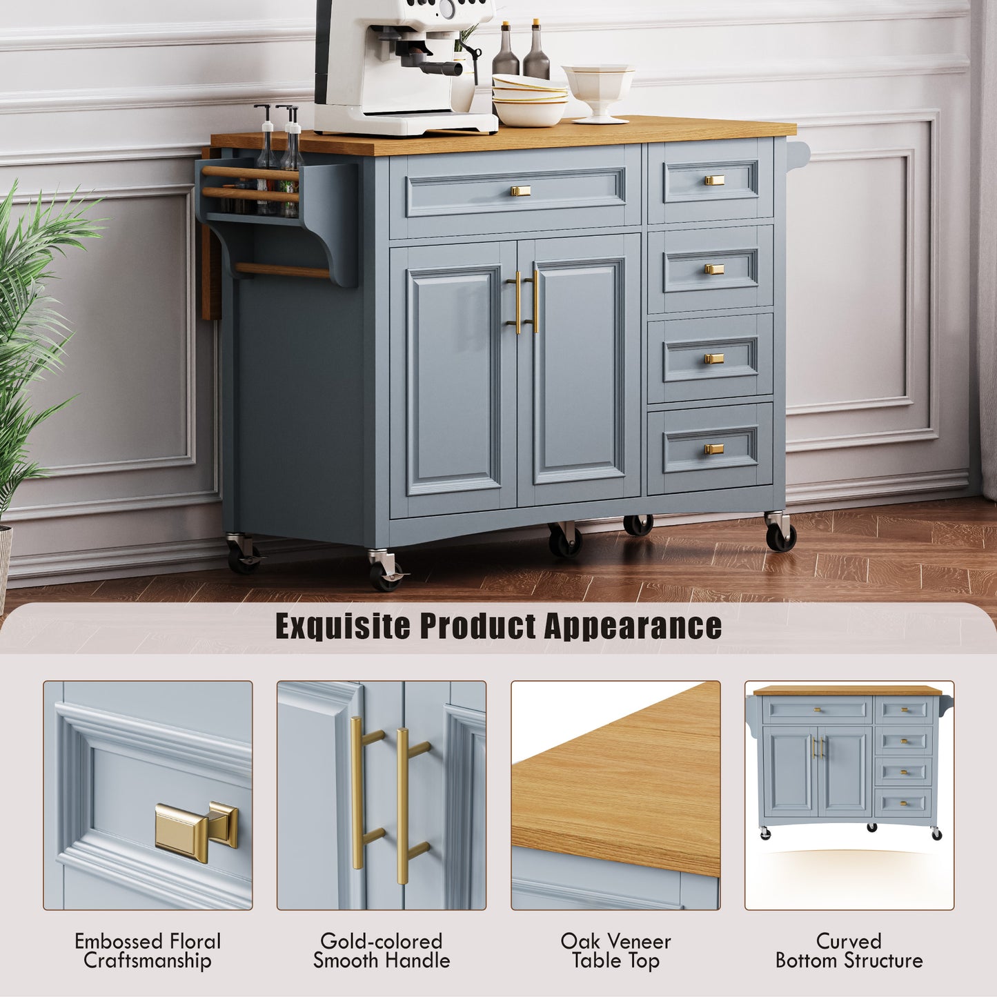 K&K 52   Kitchen Island With Drop Leaf, Embossed Texture Kitchen Island On Wheels With Spice Rack, Towel Rack, 2 Doors And 5 Drawers, Kitchen Storage Cart With Adjustable Shelf For Kitchen, Blue Grey