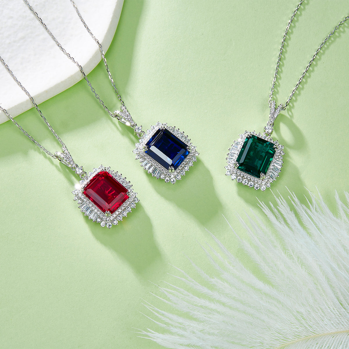 S925 Sterling Silver 10x12mm Lab-Grown Ruby Sapphire Emerald Halo Pendant Necklace, Platinum Plated 40&45cm Chain, 5.5g Women's Jewelry Gift Box