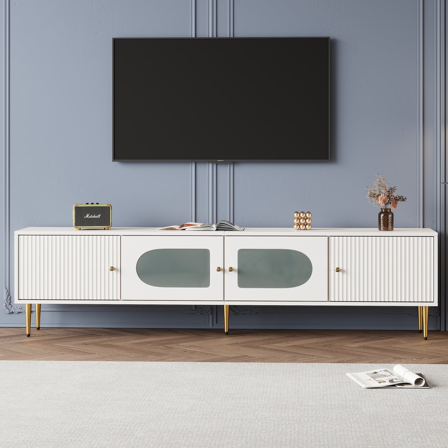 Elegant 170x35x50cm TV Cabinet -White Body With Golden Legs And Handles, 2 Doors With Vertical Grooves, 2 Doors With Arc Glass, 35KG Load Capacity,TV Cabinet,TV Board,TV Base Cabinet