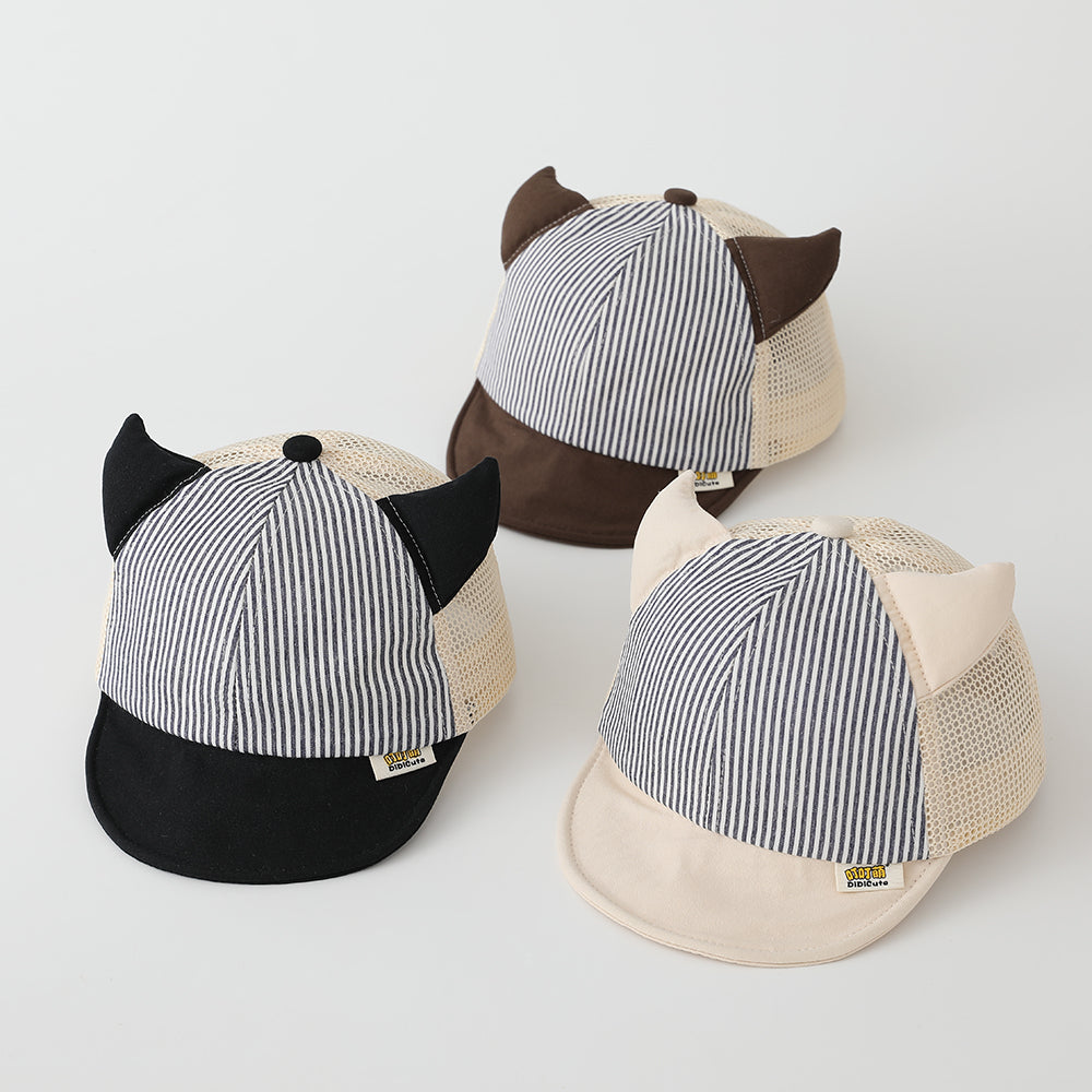 Children's Vertical Stripe Demon Horn Mesh Baseball Cap For Outdoor Picnics, Family Outings, Soft Brim, Sun Protection, Baby Hat