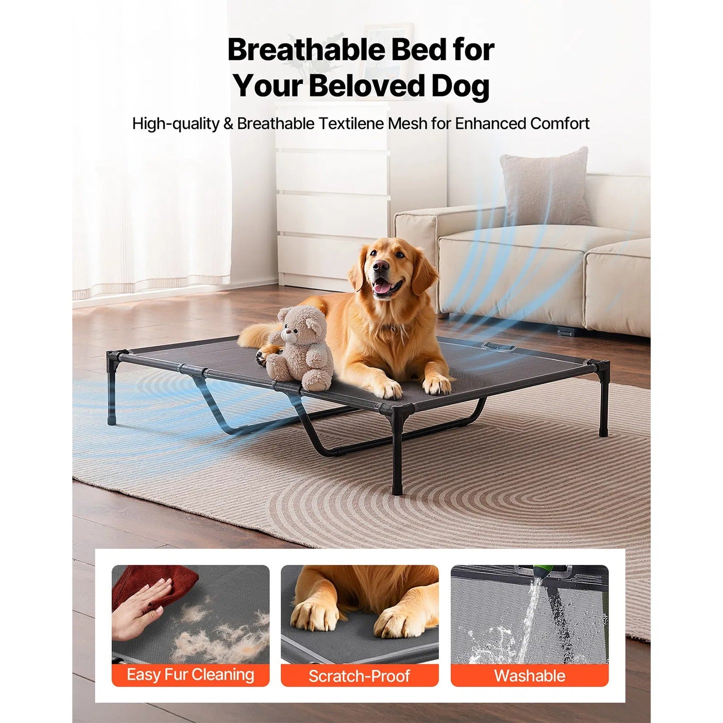 Elevated Dog Bed For Large Dogs XL, Raised Dog Cot With Heavy Duty Steel Frame, Breathable Teslin Mesh Cooling Dog Bed, Indoor & Outdoor Portable Hammock Pet Bed, Grey