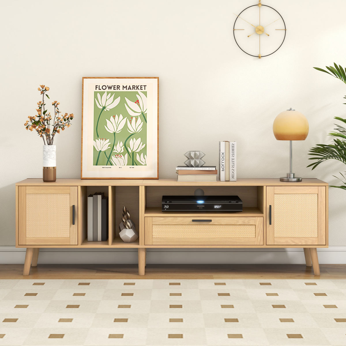 Spacious 180 Cm TV Cabinet With Rattan Decoration, 2 Doors And A Drawer, Solid Wood Legs, Can Accommodate An 80 Inch TV, TV Storage Cabinet, TV Cabinet