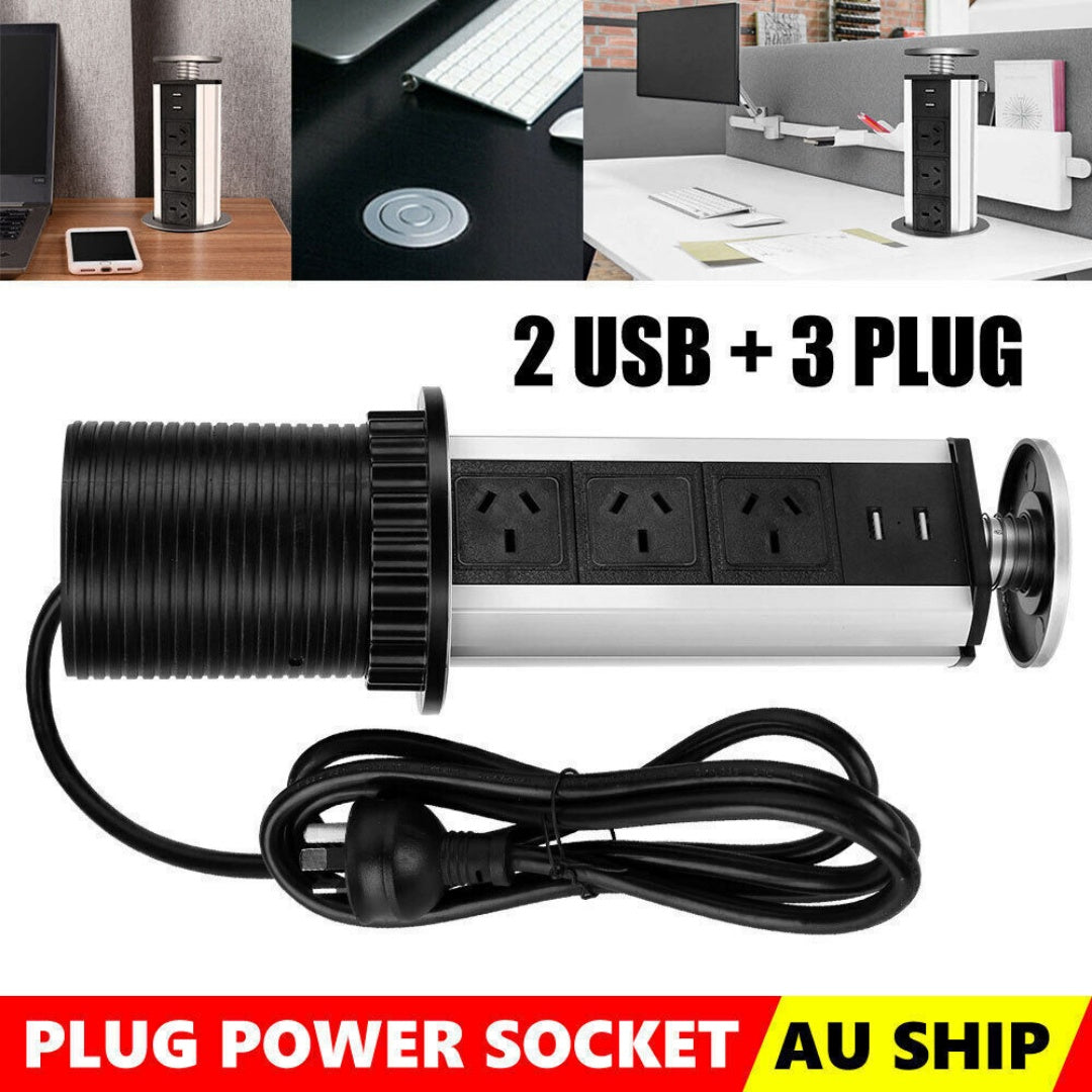Pop Up Power Point 3 Socket Plug   2 USB Table Home Kitchen Desk Outlet