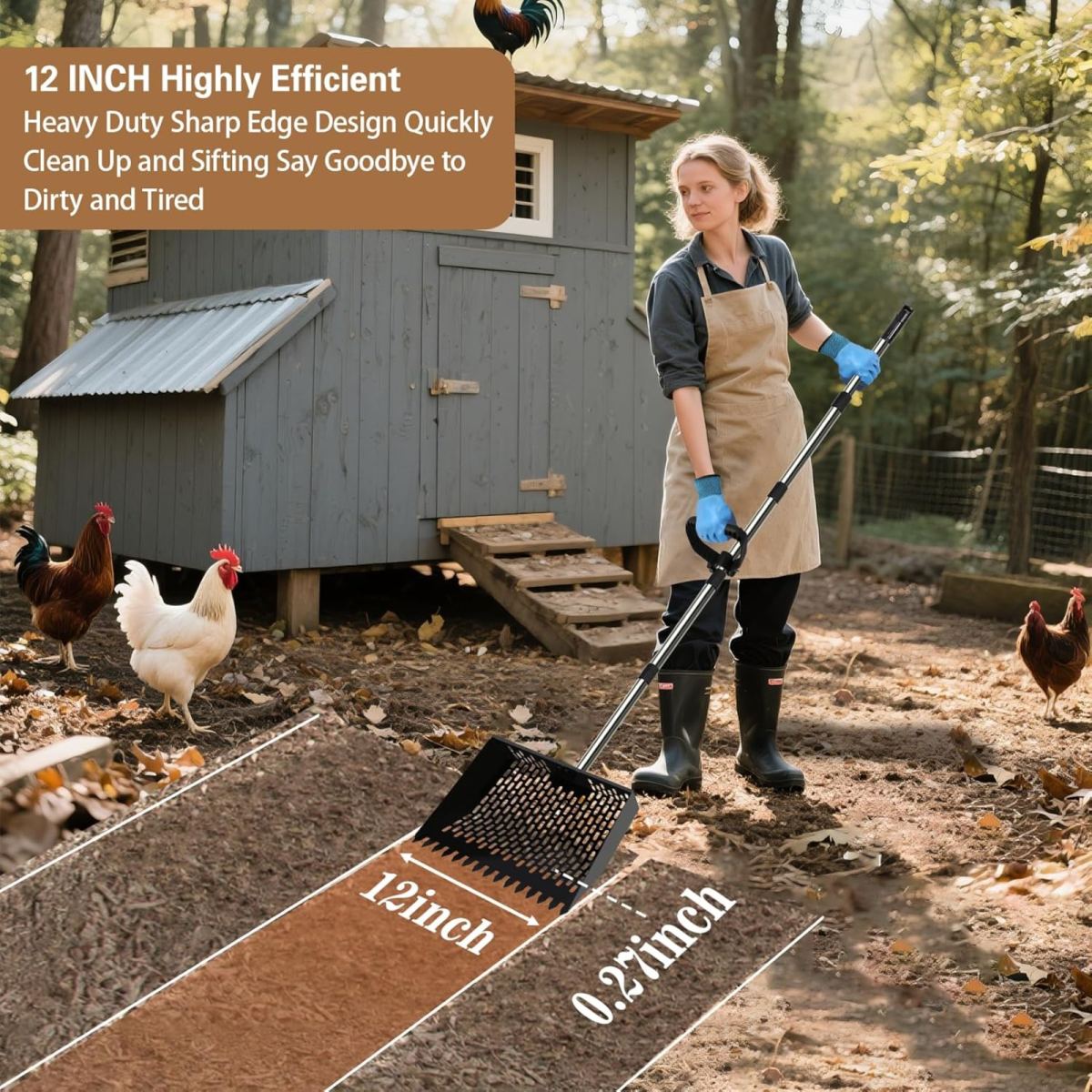 Stainless Steel Chicken Coop Manure Scoop With Adjustable Handle, 1 Piece. Combines A Chicken Manure Scoop And Rake In One Tool For Removing Poultry And Pet Droppings,for The Farm, Garden, And Yard.