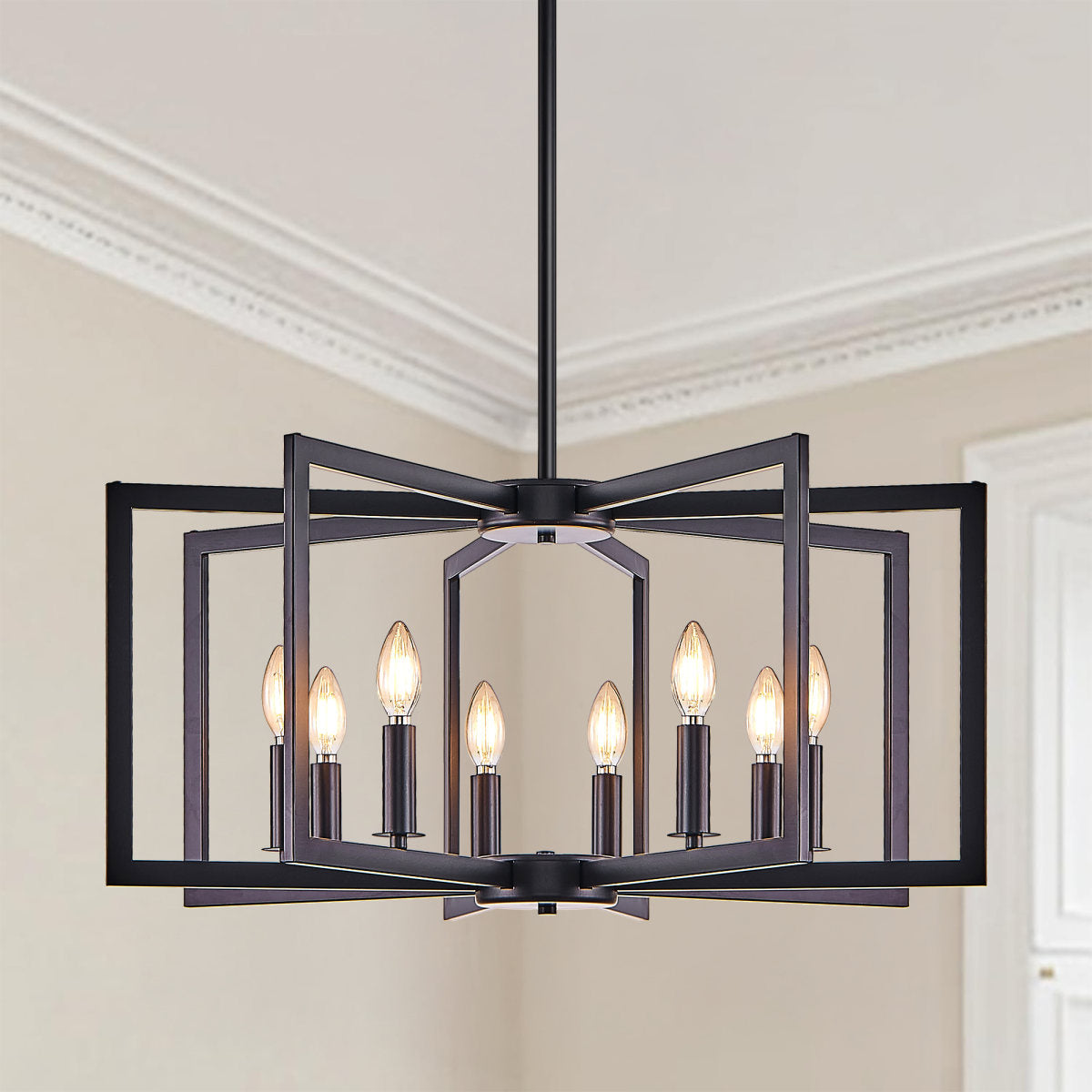 27" Modern Black Geometric 8-Light Chandelier – Industrial Metal Pendant Light Fixture for Living Room, Dining Room, or Kitchen (Bulb Not Included)