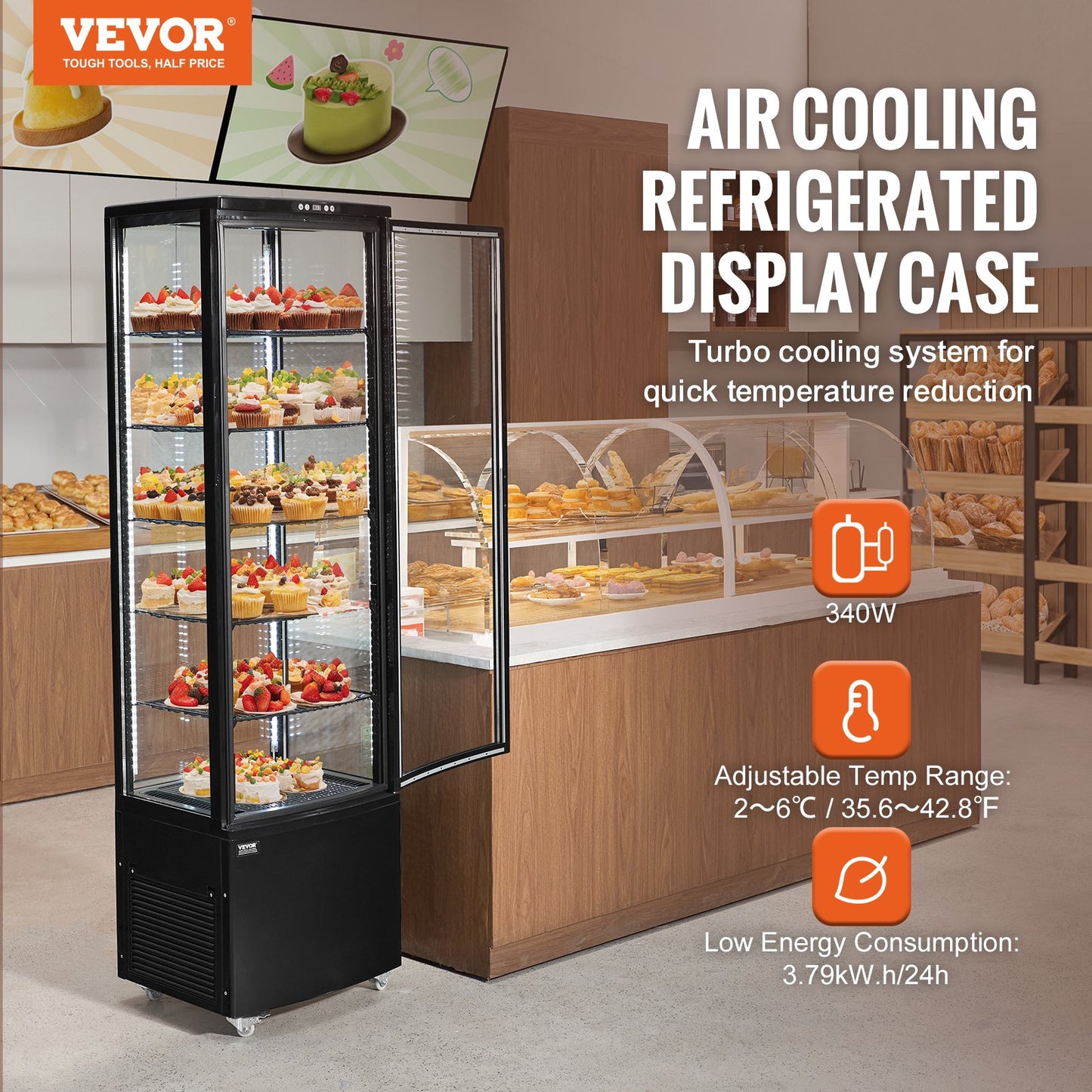 Refrigerated Display Case, 9.8 Cu.Ft./278L Large Pastry Display Case, 5-Tier Commercial Display Refrigerator With LED Lighting, TURBO Cooling, Frost-Free Air-Cooling, For Bakery