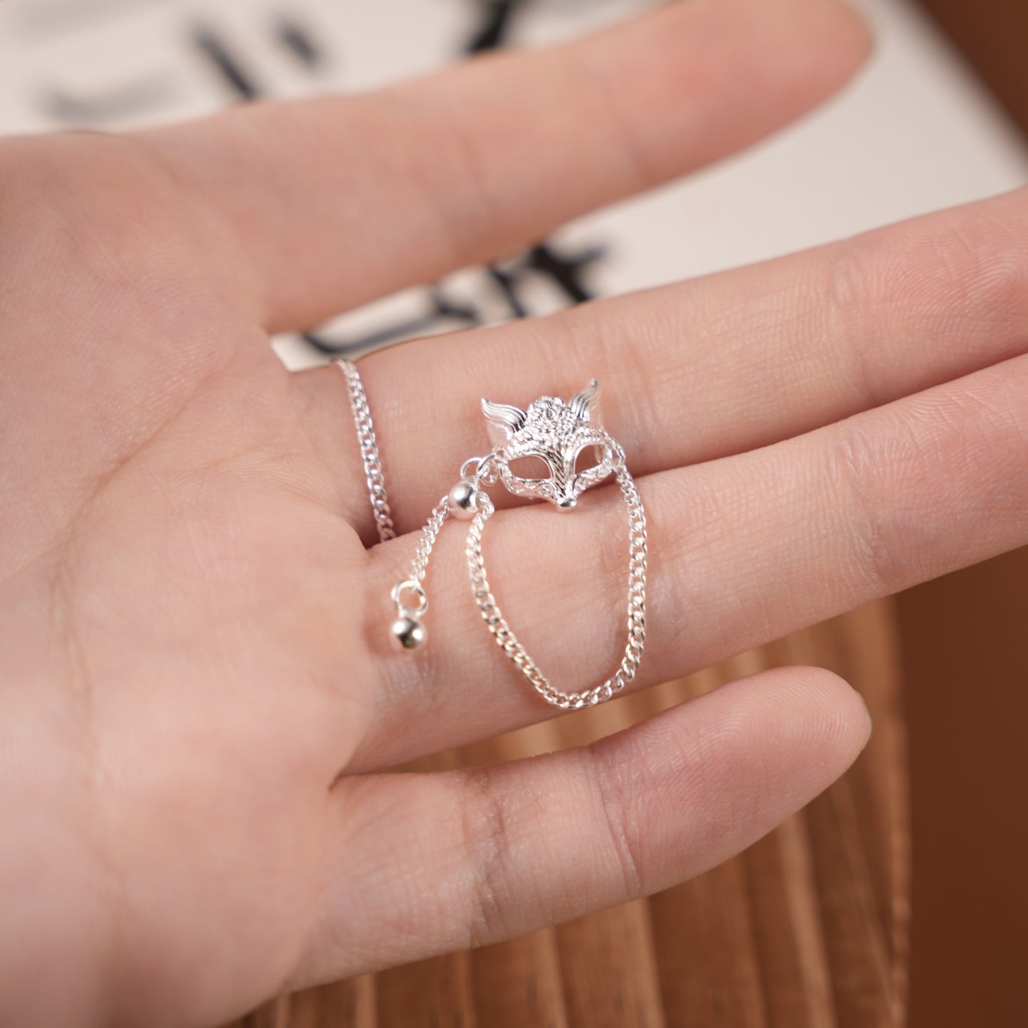 1pc 999 Sterling Silver Fox Mask Adjustable Chain Ring, Retro Chinese Style, Perfect For Daily Wear & Valentine's Day Gift
