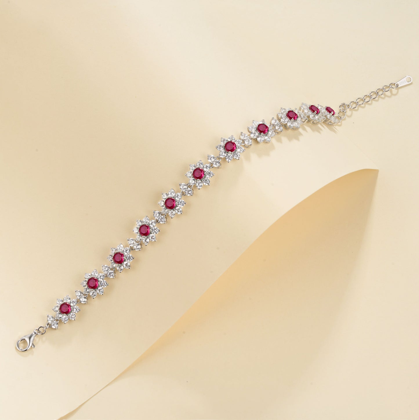 S925 Sterling Silver 4mm Lab-Grown Emerald Ruby Sapphire Bracelet 16cm Vintage Cluster Platinum Plated Gift Box
