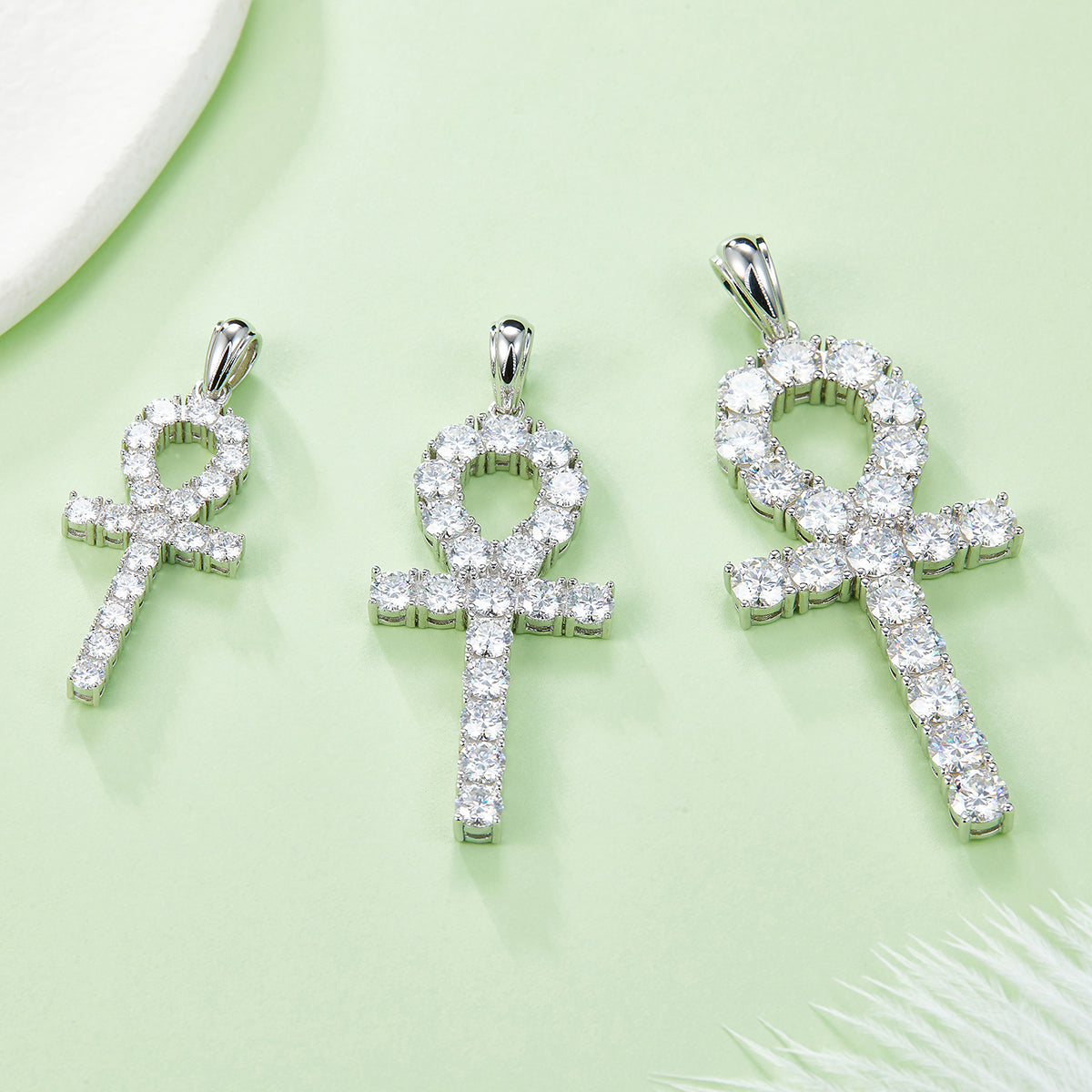 S925 Sterling Silver 19pcs D Color VVS1 Moissanite Ankh Pendant 3&5.6&9.1g No Chain Platinum Plated GRA Certified Gift Box