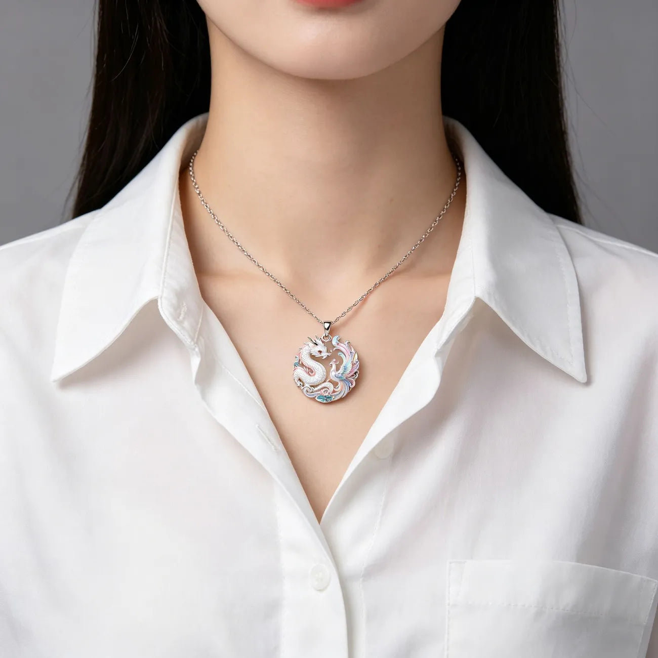 1pcs Gradient Enamel Hollow Dragon Phoenix Lotus Pendant Necklace, Elegant Oriental Style, For Daily Wedding Wear & Couple Lucky Holiday Gifts
