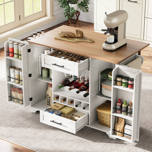Kitchen Trolley With Folding Worktop, Kitchen Island On Wheels With Wine Rack, Glass Holder, Spice Rack & Towel Rack, 120x45 70x92cm, White   Multifunctional Serving Trolley With Storage