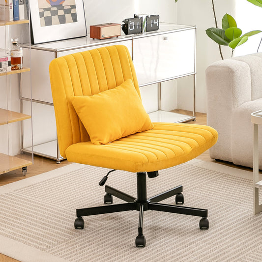 Yellow Linen Criss Cross Armless Office Chair with Wheels - Versatile for Home Office, Meditation & Makeup