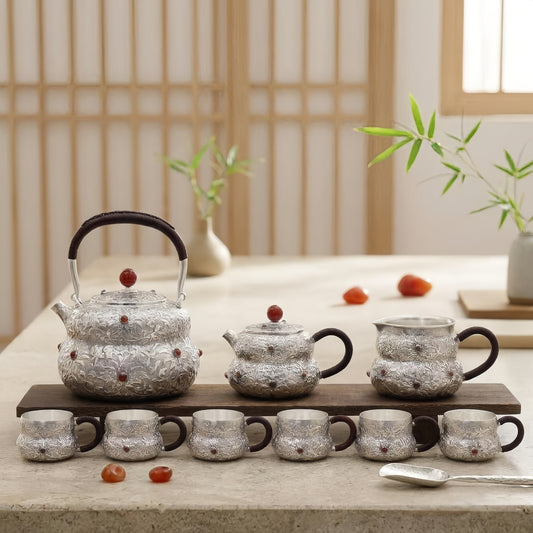 925 Sterling Silver Antique  Tea Set with Floral Engraving and Red Accents - Handicraft