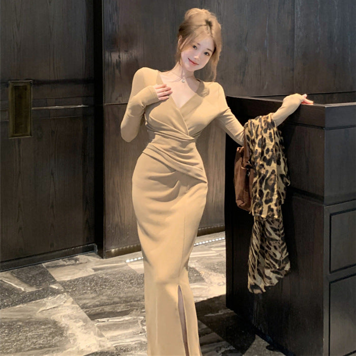 Womens Stylish Slit Body-hugging Long-sleeve Dress