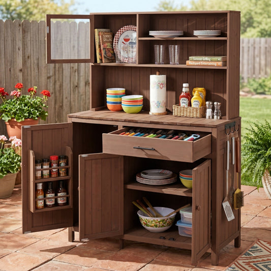With Assembly Video  TOPAMx Potting Bench With Hutch  65  H Solid Fir Wood Garden Workstation  Large Countertop  Patio Kitchen Island With Adjustable Shelves  Spice Rack  Side Hook And Drawer  Brown