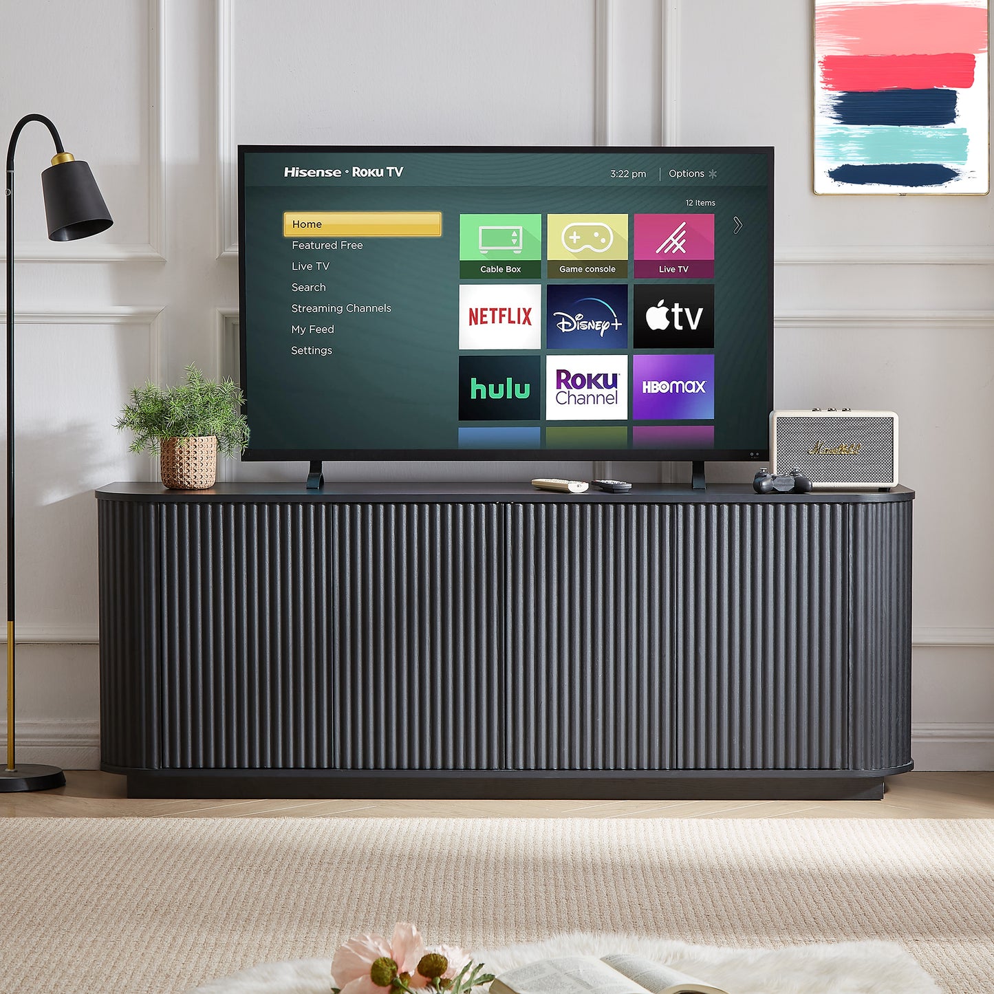 Sideboard, TV Stand With Wave Pattern, Buffet Cabinet, Wooden Cabinet With Vertical Stripes For Kitchen, Bedroom And Hallway. Black, 162.5cmx38cmx61cm