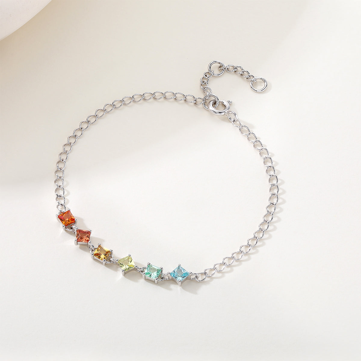 S925 Sterling Silver Rainbow Lab-Grown Gemstone Bracelet 16cm Square Cut Platinum Plated Gift Box