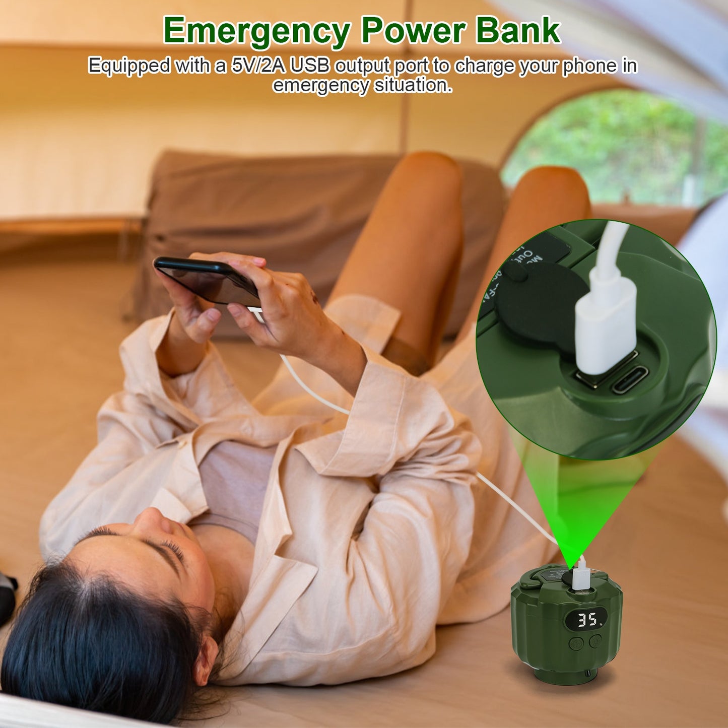 3-in-1 Camping Fan With LED Lantern, Hanging Tent Fan 3 Wind Speeds, Remote Control Timer, USB Power Bank, Low Noise Rechargeable Fan With Battery Display, Detachable Blades For Outdoor Indoor Use