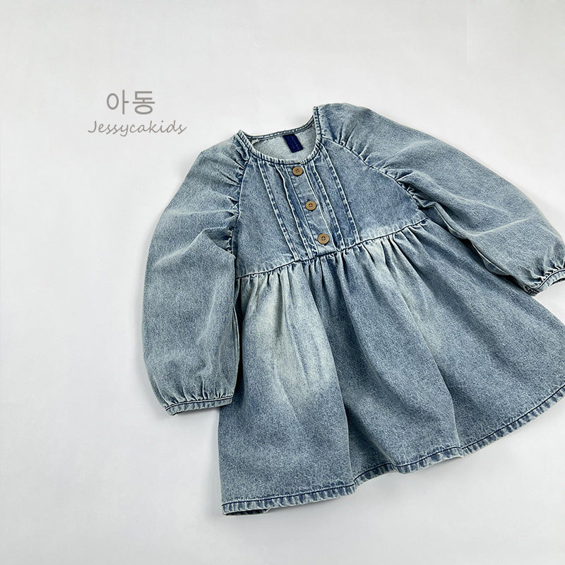 Korean-style Washed Vintage Denim Dress For Girls