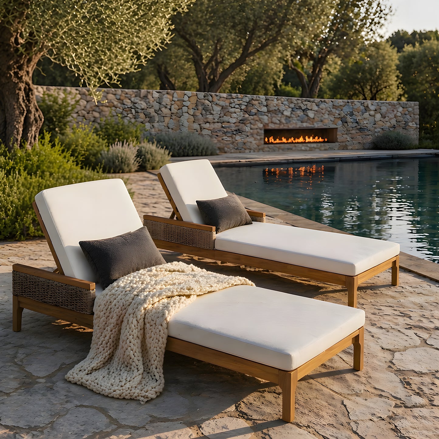 76.8  Solid Acacia Wood Sun Chaise Lounger Set Of 2, Outdoor Patio Furniture With Beige Cushions And Light Grey Wicker For Garden, Deck, Poolside Relaxation,Natural  Beige Cushion
