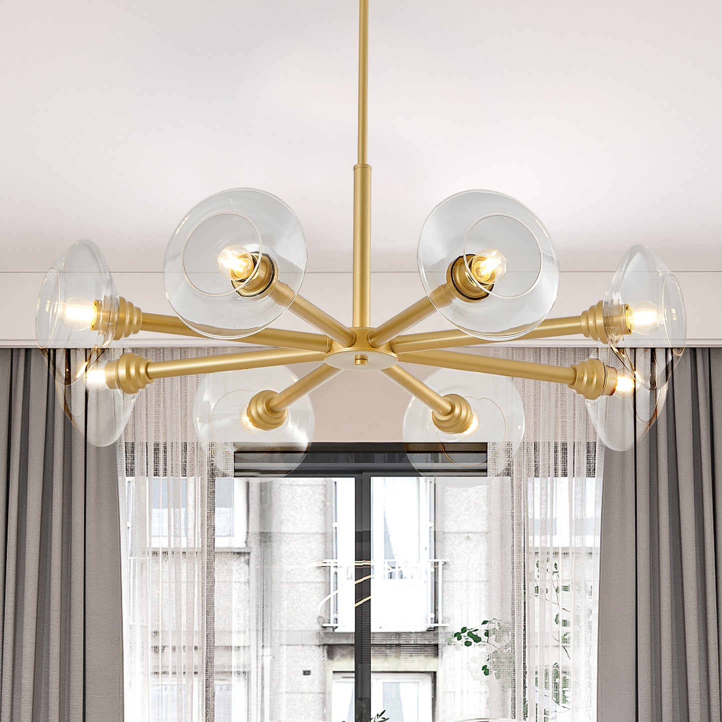 36  Modern Gold 8-Light Sputnik Chandelier With Clear Glass Shades, Mid-Century Hanging Pendant Light Fixture For Dining Room, Living Room, Or Kitchen Bulb Not Included