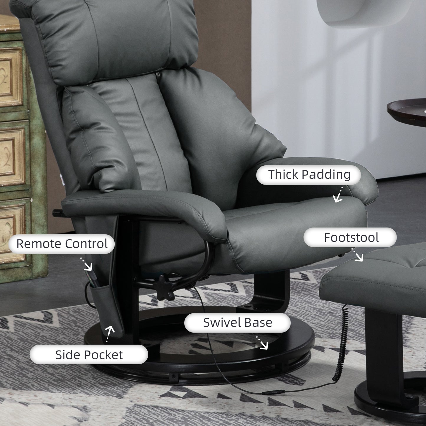 Swivel Recliner with Ottoman, Faux Leather Reclining Chair with Massage, Footstool Remote and Side Pocket, Gray